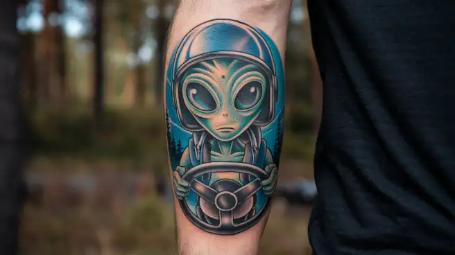 A tattoo featuring an alien driving a car, showcasing unique Alien Tattoos and Designs in a creative and playful manner.