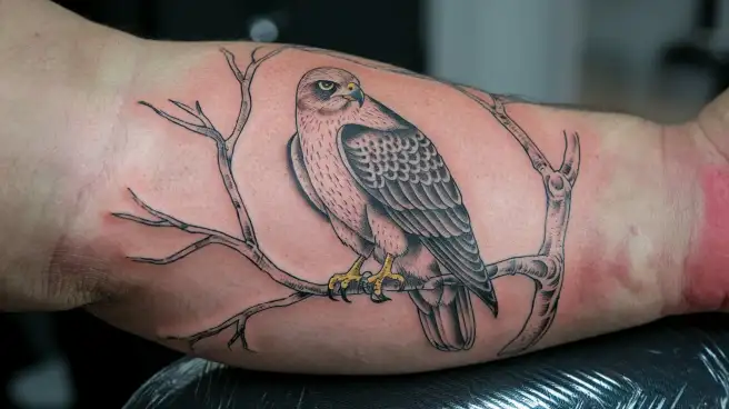 A detailed hawk tattoo perched on a branch, symbolizing strength and freedom, reflecting various hawk tattoo meanings.