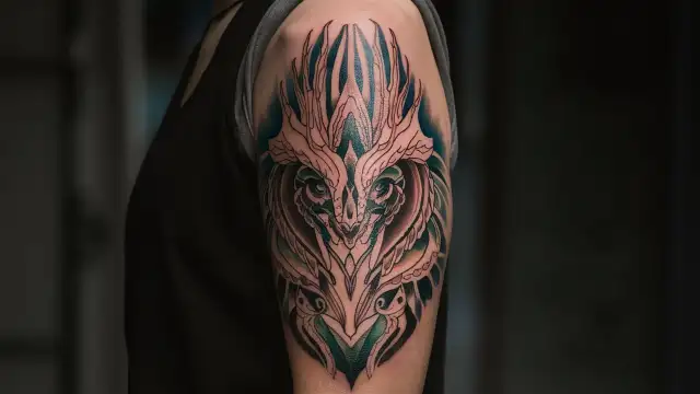 A tattoo enthusiast showcases a detailed dragon tattoo inked on their arm, symbolizing strength and power.