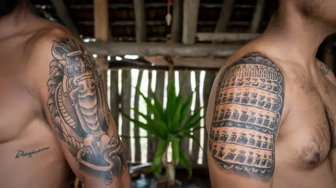 Two men with tattoos on their arms, showcasing various designs that reflect the meanings in tattoo culture.