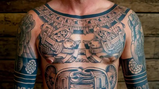 A man displaying tattoos on his chest and arms, reflecting the significance of tattoos in Mayan culture.