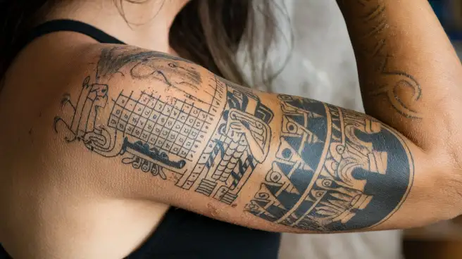 A woman showcasing her tattoos, reflecting elements of Mayan culture on her arm, symbolizing heritage and artistry.