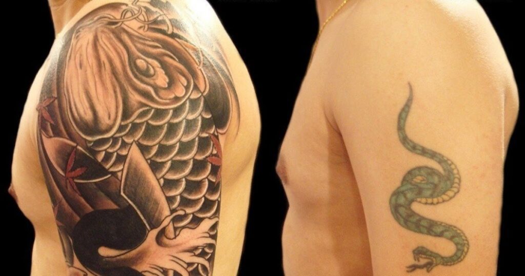 A man displays a tattoo on his arm, while another man showcases a snake tattoo, illustrating "The Meaning Behind Vine Arm Tattoos."