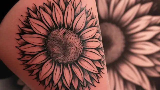 A tattoo of a sunflower on the thigh, showcasing creative tattoo ideas for floral designs and body art inspiration.