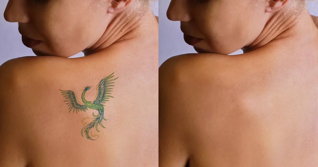 A woman showcasing a tattoo on her back, exemplifying the versatile nature of vine tattoos in body art.