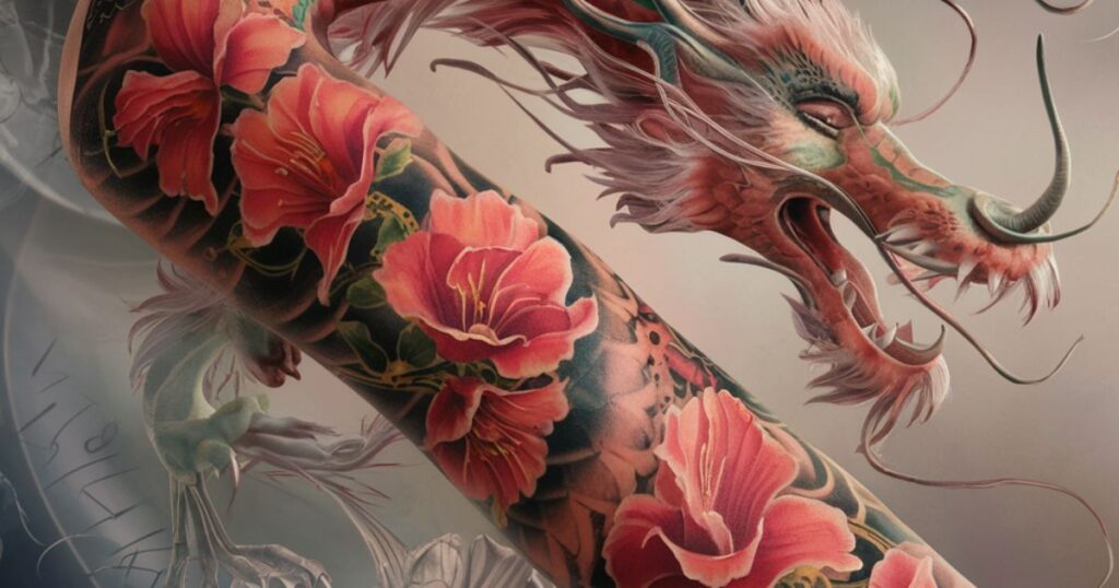 A tattoo featuring a dragon intertwined with vibrant flowers, exemplifying "The Allure of Flower and Dragon Tattoos.