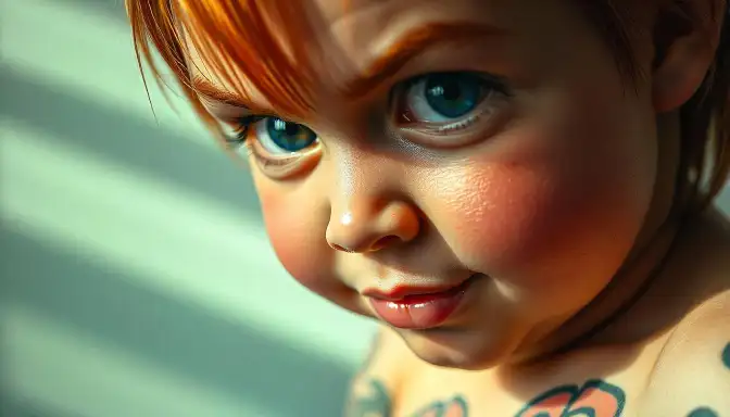 A close-up of a young boy with tattoos, embodying a nostalgic reminder of childhood through his expressive features.