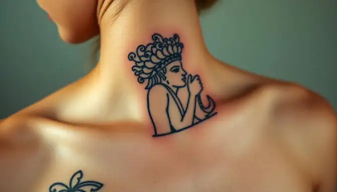 A woman showcasing a neck tattoo inspired by mythology, highlighting intricate designs and personal expression.