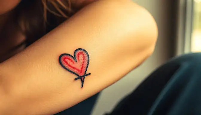 A woman showcasing a heart tattoo on her arm, exploring themes that resonate with personal expression and identity.