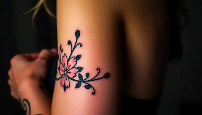 A woman showcasing a flower tattoo on her arm, embodying the essence of finding the perfect artist for you.