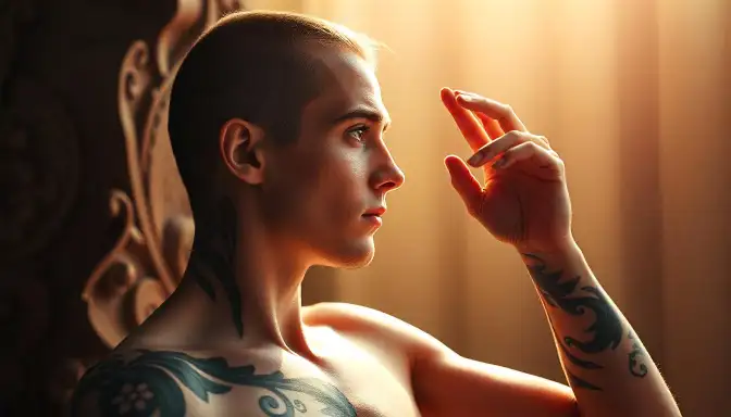 A man with tattoos on his chest gazes intently at an object, showcasing their symbolic tattoos in a thoughtful moment.